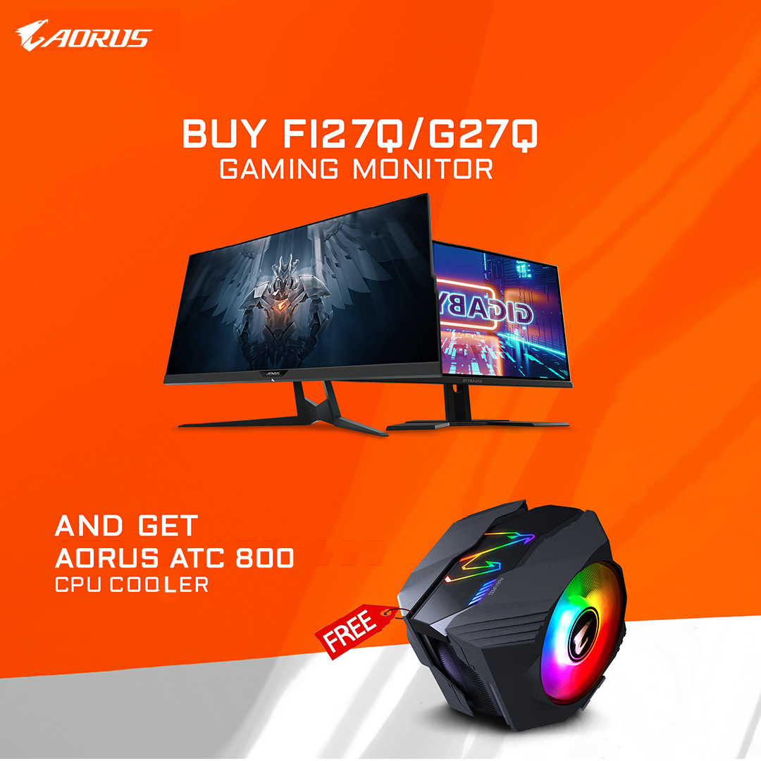 Buy GIGABYTE G27Q / AORUS FI27Q Gaming Monitor & get AORUS ATC800 CPU Cooler FREE!